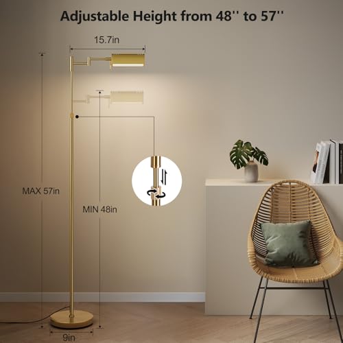 SUNMORY Dimmable LED Pharmacy Floor Lamps, 16W/1500LM Bright Reading Lamp | Remote Touch Control, 350°Swing Arm, Adjustable Height, Task Craft Tall Standing Light for Living Room Bedroom Office, Gold - color: Gold