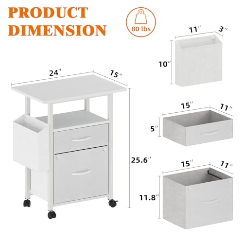 GYIIYUO 2 Drawer File Cabinet 24''W, Mobile Filing Cabinet, Printer Stand | 24'' Extended Desktop, Rolling, Side Bag, Fits A4/Letter Size, Home Office, Fabric Drawer, White - color: White