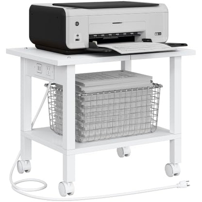TUTOTAK Printer Stand, 2 Tier Rolling Printer Cart with Charging Station - color: White, size: 2 tier(18.9 x 13.4 x 15.4inchs)