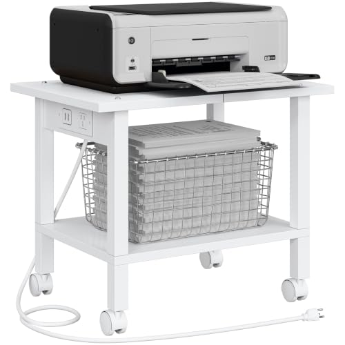 TUTOTAK Printer Stand, 2 Tier Rolling Printer Cart with Charging Station - color: White, size: 2 tier(18.9 x 13.4 x 15.4inchs)