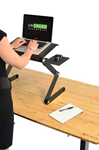 WorkEZ Cooling Adjustable Laptop Stand for Desk w/Fan USB Ports Mouse Pad Ergonomic Foldable Laptop Stand Riser Portable Computer Holder, Black | WorkEZ Cool laptop stand for desk, with adjustable height, tilt and a removable mouse pad. Also works in bed