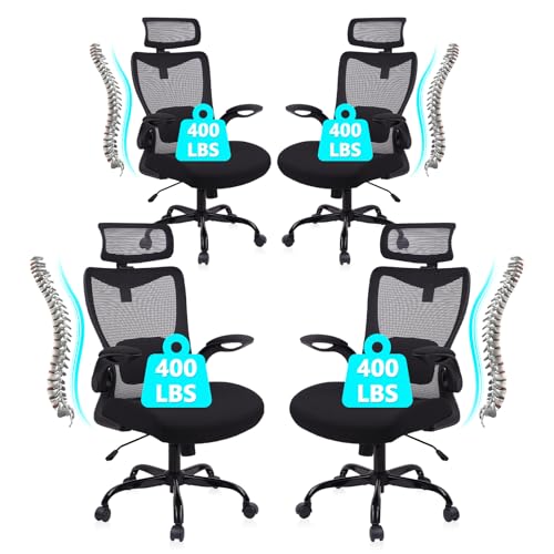 CLATINA Heavy Duty Ergonomic Mesh Office Chair 400LBS, Big and Tall Desk Chair with Adjustable Lumbar Support & Headrest, Flip Up Padded Arms, Swivel Computer Chair for Home, Conference, Black, 4 PACK - size: 4 PK