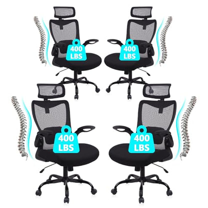 CLATINA Heavy Duty Ergonomic Mesh Office Chair 400LBS, Big and Tall Desk Chair with Adjustable Lumbar Support & Headrest, Flip Up Padded Arms, Swivel Computer Chair for Home, Conference, Black, 4 PACK - size: 4 PK