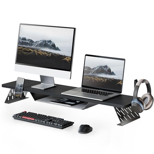 Fenge Dual Monitor Stand, Wooden Desk Shelf with Headphone & Phone Holder | 42.5" Monitor Riser with Storage Shelf, 2-Tier Monitor Shelf with Metal Leg for Home Office Organizer, Black - color: Black