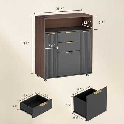 ModernMate Fluted Mobile File Cabinet with Charging Station | 37" Rolling Storage Cabinet with 3 Drawers, Printer Stand with Wheels for Home Office, Black Walnut - color: Black Walnut