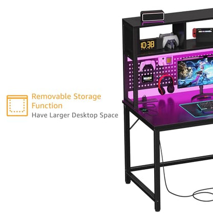 DLisiting Black Gaming Desk with Hutch and Pegboard - 47 Inch Gaming Desk with Shelves Storage Power Outlets, Computer Teen Work Study Writing Desks for Bedroom Home Office - color: Black
