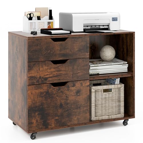 3 Drawer File Cabinet, Wood Lateral Filing Cabinet for Hanging Letter, A4, Legal Size, Rolling Printer Stand with Adjustable Shelf, Under Desk Storage for Home Office (Brown) - color: Rustic Brown, size: 32” x 16” x 26”