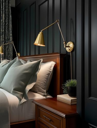 Kira Home Ellis 18" Modern Swing Arm Wall Sconce for Bedroom, 2-Pack | Cone Metal Shades, 2-in-1 Plug In or Hardwired Vintage Library Style Gold Wall Lamp, Warm Brass Finish