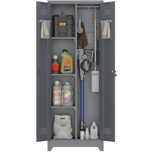 Metal Lockable Storage Cabinet,Tall Garage Storage Cabinets with 2 Doors,Locking Cabinets for Office,Home,Utility Room,Grey