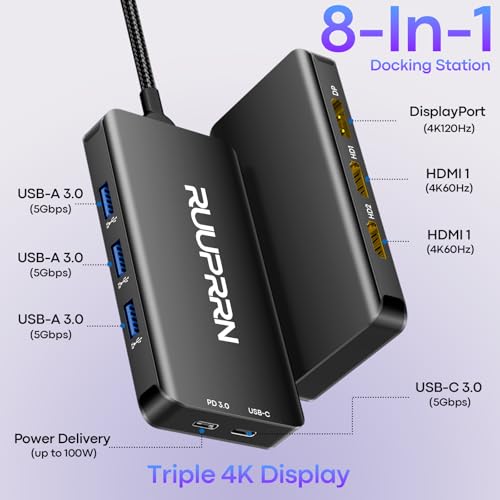 USB C Docking Station Dual Monitor, Laptop Docking Station 3 Monitors | Triple 4K Display with 2 HDMI, DisplayPort, 5Gbps USBA/C 3.0, 100W PD, USB 3.0 Dock Dongle for Dell, HP,MacBook, Surface