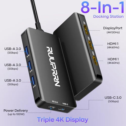 USB C Docking Station Dual Monitor, Laptop Docking Station 3 Monitors | Triple 4K Display with 2 HDMI, DisplayPort, 5Gbps USBA/C 3.0, 100W PD, USB 3.0 Dock Dongle for Dell, HP,MacBook, Surface