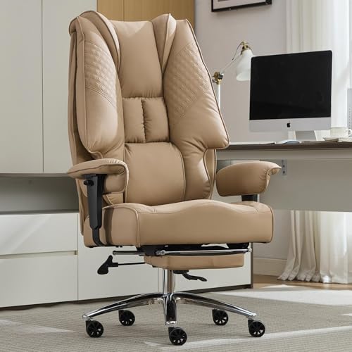 EXCEBET Big and Tall Office Chair 400lbs Wide Seat, Leather High Back Executive Office Chair with Foot Rest, Ergonomic Chairs Lumbar Support for Lower Back Pain Relief, All-Day Comfort (Brown) - color: Light Brown