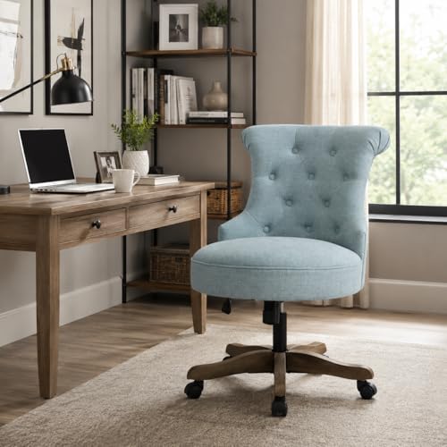 HUIMO Home Office Chair Upholstered Armless Swivel Desk Chair with Wheels | Adjustable Height Computer Desk Chair with Wooden Legs linen Comfortable Swivel Chairs for Farmhouse Study Studio Teal - color: Teal