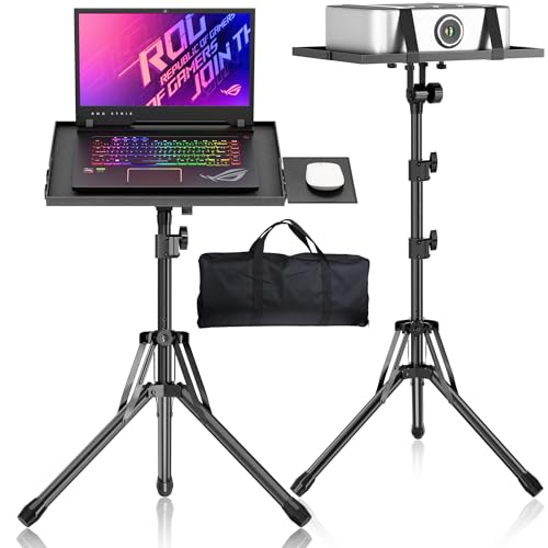 GSOW Projector Stand, Adjustable 26-56" Laptop Tripod with Carry Bag | sturdy foldable aluminum frame, anti-slip legs, holds 55lb, raised-edge tray, mouse tray, for office, home, stage, DJ