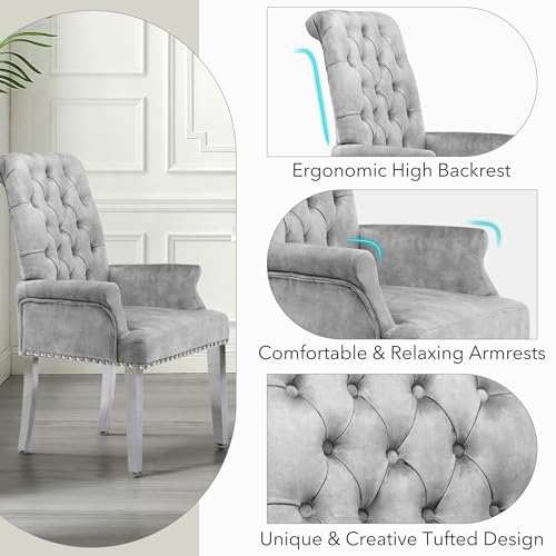 Velvet Dining Chairs with Arms, Upholstered Dining Room Chairs, Grey | Upholstered, High Back, Tufted, Luxurious, Stainless Steel Leg, for Kitchen & Dining Room - color: Grey, size: 1 PCS