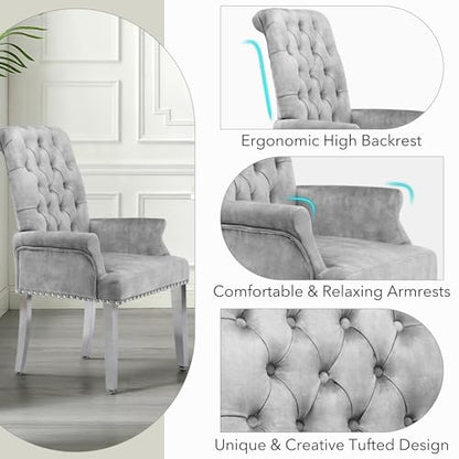 Velvet Dining Chairs with Arms, Upholstered Dining Room Chairs, Grey | Upholstered, High Back, Tufted, Luxurious, Stainless Steel Leg, for Kitchen & Dining Room - color: Grey, size: 1 PCS