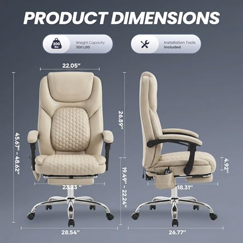 MALOL 300 lbs Massage Office Chair, Big and Tall Desk Chair with 3-Level Heat and Footrest, PU Leather Ergonomic Executive Computer Chair with Side Pocket, Beige - color: Beige, size: Set of 1, style: Classic