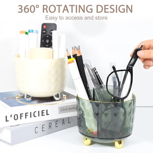 SAYEEC Pen Holder for Desk 6 Slots Rotating Makeup Brush Organizer Toothbrush Hairbrush Holder Versatile Desk Skincare Cosmetic Organizer Pencil Cup Pot Art Supply Caddy for Vanity Office, Dark Green