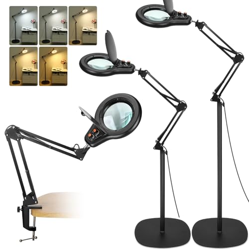 15X Magnifying Glass with Light and Stand, Bright 2,200 Lumens for Multi-Color Modes Dimmable, 3-in-1 Adjustable Swing Arm Floor Lamp, Hands Free Lighted Magnifier for Reading Crafts, Black
