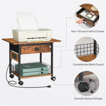 HOOBRO Printer Stand with Charging Station, 2-Tier Printer Cart, Under Desk Printer Table with Power Outlet, Wheeled Printer Table with Fabric Drawer, for Home Office, Rustic Brown and Black BF56UPS01