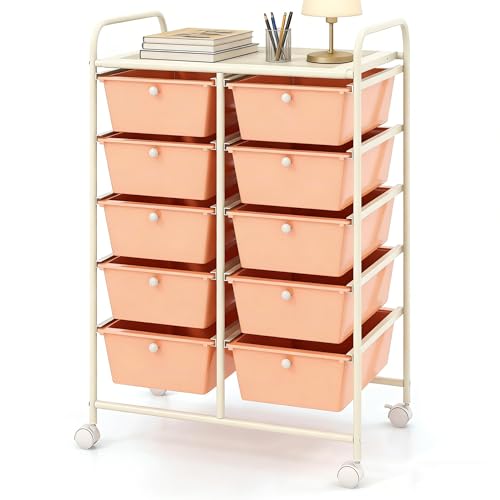 COSTWAY 10 Drawer Rolling Storage Cart, Utility Cart with Lockable Wheels | Mobile Art Supply Craft Organizer with Metal Frame, Multipurpose Drawer Cart for Paper for Office, School, Peach - color: Peach, size: 10 Drawer
