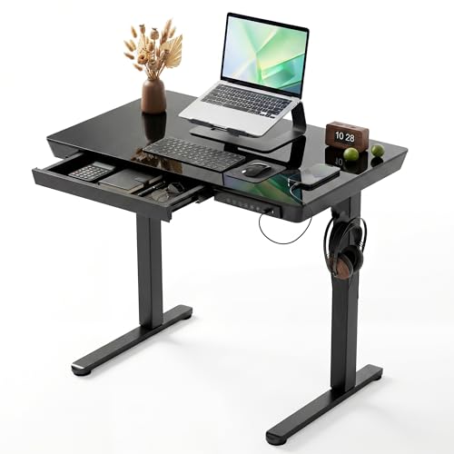 YDN Glass Standing Desk with Drawers, 32 Inch, Black | Quick Install, Whole-Piece Glass Top, USB ports and a Type-C port, Buil in Drawers, Writable Glass Top, 2 Hooks - color: Black, size: 32 inch