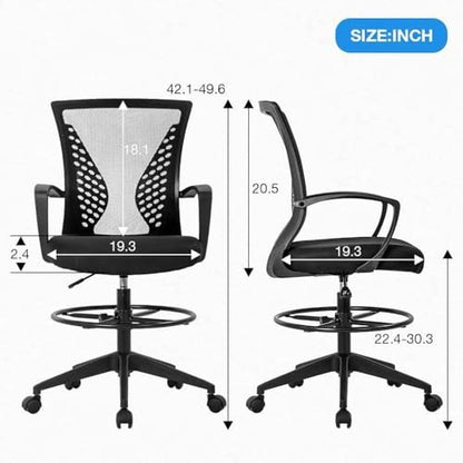 Drafting Chair Tall Office Chair Standing Desk Chair Adjustable Height Reception Office Chair with Lumbar Support & Foot-Ring, Ergonomic Mesh Computer Drafting Stool for Working Standing Desk (Black)
