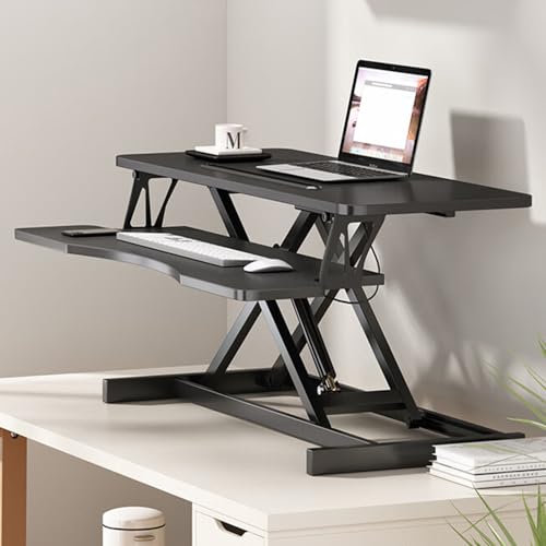 32 Inch Desk Converter, Height Adjustable Sit to Stand Riser, Dual Monitor and Laptop Workstation with Wide Keyboard Tray, Standing Computer Desk (Black) - color: Black