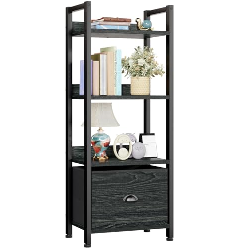 Furologee 4 Tier Bookshelf with Drawer, Small Narrow Bookcase, Wood and Metal Standing Shelf Unit, Industrial Display Storage Shelves Organizer for Bedroom, Living Room, Entryway, Black - color: Black Oak, size: 4 Tier -1 PCS