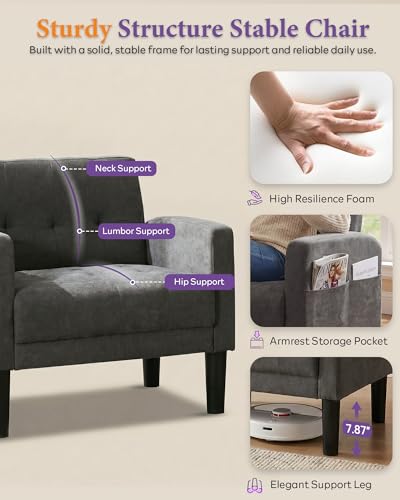 TYBOATLE Dark Grey Accent Chair, Tufted Reading Armchair for Living Room - color: Dark Grey, size: 30.9inch-1