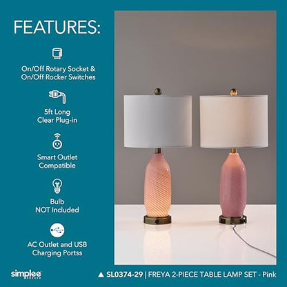 Adesso Set of 2 Dual-Light Table Lamps, USB Ports, AC Outlet, 24” - color: Pink