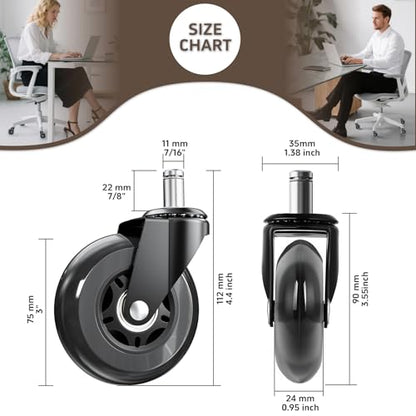 3 Inch Office Chair Wheels, Set of 5 (Black) | Heavy Duty Replacement Casters for Hardwood Floor & Carpet, Smooth Quiet Roll, Universal 11mm Stem, Non-Marking PU Wheels - color: Black