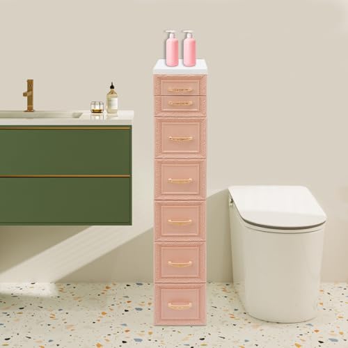 6-Drawer Narrow Storage Cabinet, Slim Rolling Cart, Mobile Plastic Cart Container with Pull Handles, Built-in Wheels, for Living Room, Kitchen, Bathroom, Office, 12.6 * 7.1 * 39.4in, Orange