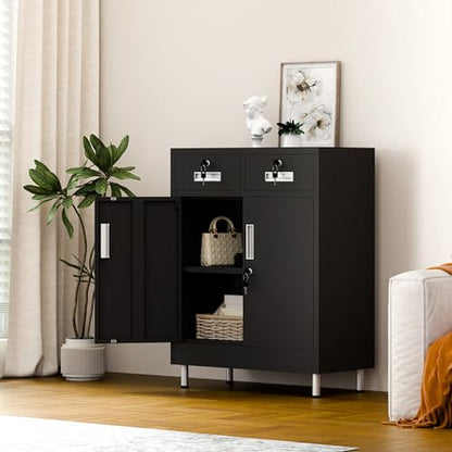 Metal Storage Cabinet with Locking Doors and 2 Drawers, Lockable Storage Cabinet with Adjustable Shelf for Home Office Garage Entryway Pantry (Black)