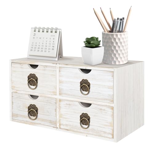 Wood Desk Organizer, White Wooden Desktop Organizer with Drawer, Tabletop Storage Organization Box for Countertop, Home Office Supplies Bills, 13.5x6.6x7.09 Inch(4 Drawer) - color: Vintage White, size: 4 Drawers