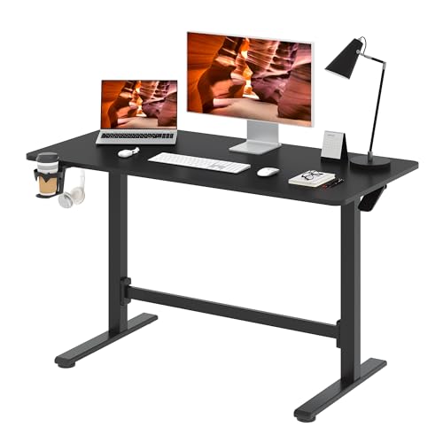 48''Pneumatic Standing Desk,Onepiece Adjustable Height Home Office | Black 47.2" x 23.6'' Large Home Desk Rolling Computer Workstation with Hooks & Cup Holder,Hidden Casters - color: Black, size: 4724