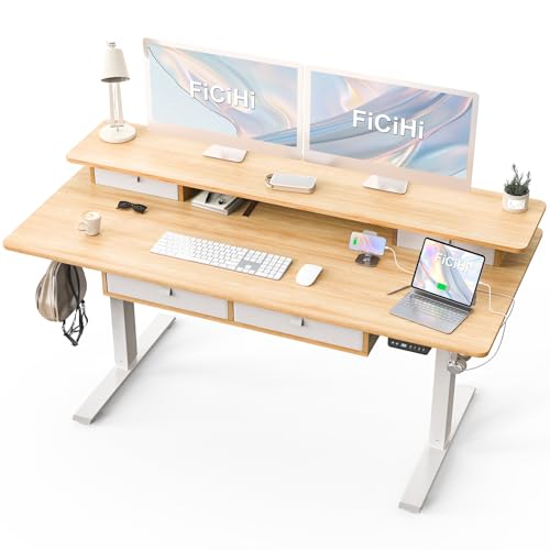 FiCiHi 55x30Inch Standing Desk with Drawers,Electric Height Adjustable Desk | Computer Sit Stand Desk,Large Workspace, 30 Inch Deep Home Office Desk with Monitor Stand, USB Charging Port,Cable Management - color: Maple, size: 55*30inch