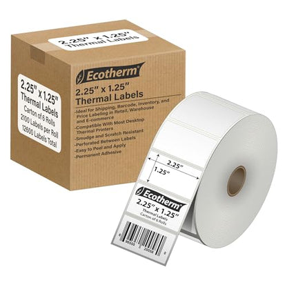 2.25" x 1.25" Thermal Labels | 6 Rolls | 12600 Labels | fits Zebra, Munbyn, Rollo, Godex, Arkscan, iDPRT, Offnova Thermal Label Printers and More | Blank White Adhesive Stickers by Ecotherm - size: 2.25 x 1.25 - 12600 Labels