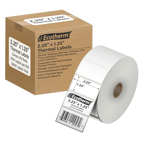 2.25" x 1.25" Thermal Labels | 6 Rolls | 12600 Labels | fits Zebra, Munbyn, Rollo, Godex, Arkscan, iDPRT, Offnova Thermal Label Printers and More | Blank White Adhesive Stickers by Ecotherm - size: 2.25 x 1.25 - 12600 Labels