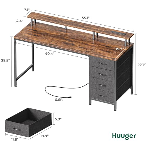 Huuger 55 Inch Computer Desk with Power Outlets and LED Lights, Gaming Desk with 4 Drawers, Office Desk with Monitor Stand, Study Work Home Office, Rustic Brown - color: Rustic Brown, size: 55 INCH