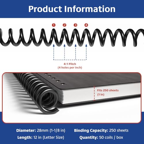 28mm (1-1/8 in.) Spiral Binding Coils for Reports, Presentations and Proposals | 4:1 Pitch | 12 in. Length | Black | 250 Sheets Binding Capacity | 50 Pack - color: Black