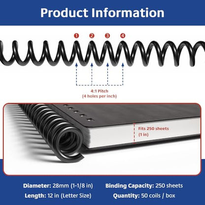28mm (1-1/8 in.) Spiral Binding Coils for Reports, Presentations and Proposals | 4:1 Pitch | 12 in. Length | Black | 250 Sheets Binding Capacity | 50 Pack - color: Black