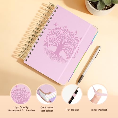 QIYVLOS Hardcover Spiral Notebook, A5 Journal with Removable Dividers Tabs, 5 Subject Notebook College Ruled, 320 Pages 6"x8" Leather Notebooks for Work School Study, Lined Journal for Women, Pink - color: A5/Pink