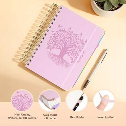 QIYVLOS Hardcover Spiral Notebook, A5 Journal with Removable Dividers Tabs, 5 Subject Notebook College Ruled, 320 Pages 6"x8" Leather Notebooks for Work School Study, Lined Journal for Women, Pink - color: A5/Pink