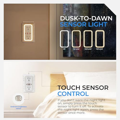 Wall Mount Power Strips Wall Charger 6 Outlet Extender 4 USB Ports (5V, 2.4A, 12W) and Night Light 3-Sided Power Strip with Adapter Spaced Outlets - Multi Plug Outlet Surge Protector for Home Office - color: White
