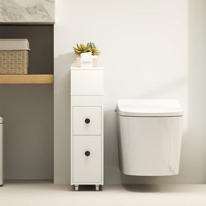 Tangkula Slim Bathroom Storage Cabinet, Movable Narrow Toilet Side Cabinet w/2 Slide Out Drawers, 2 Rattan Baskets & Shelves, Toilet Paper Holder on Wheels for Small Spaces