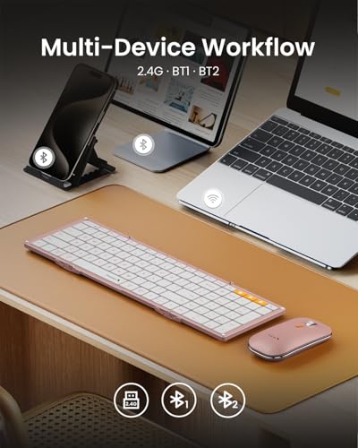 ProtoArc XKM01 Full-Size Foldable Keyboard Mouse Combo for Travel, Pink - color: Pink