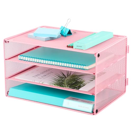 Paper Organizer Tray, 3 Tier Mesh Desk File Organizer Letter Sorter Holder for Home Office, Pink - color: 3 Tier Pink