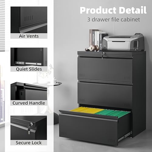 Approgreent Lateral 3 Drawer File Cabient with Lock, Metal Filing Cabinets for Home Office, Heavty Duty Office Storage Cabinet for A4/Letter/Legal (Matte Black) - color: 17-k Black