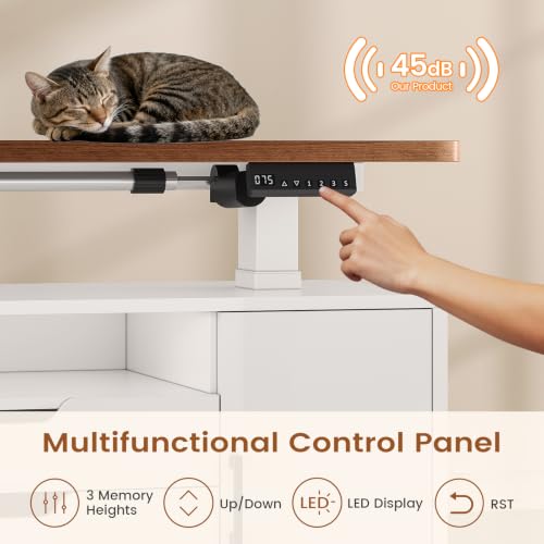 SEDETA Modern L Shaped Executive Electric Standing Desk with 4 Drawers | 69" x 55" Height Adjustable Office Desk with Storage Shelves, Power Outlet, Sit Stand Computer Desk, White and Brown - color: Modern White + Brown